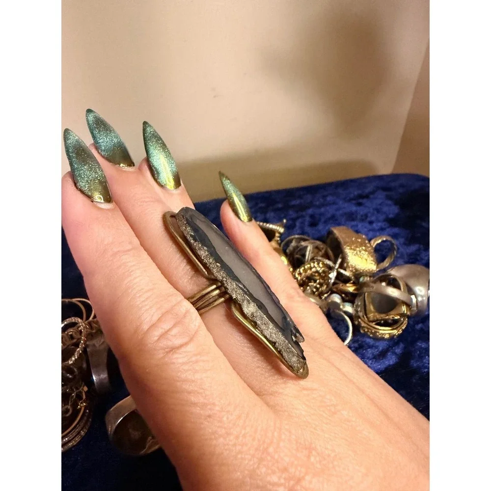 Artisan Natural Agate Slice Statement Ring Gold Tone Wire Wrapped Boho Jewelry